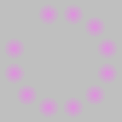 Lilac chaser: jika Anda fokus pada salib hitam di tengah, lokasi titik yang menghilang tampak hijau. adalah ilusi optik, juga dikenal sebagai ilusi Pac-Man. Ini terdiri dari dua belas cakram fuzzy lilac (atau pink atau magenta); cakram diatur dalam lingkaran (seperti jam pada jam ), di sekitar salib hitam kecil, di tengah latar belakang abu-abu. Salah satu disk menghilang sebentar (sekitar 0,1 detik); kemudian berikutnya (sekitar 0,125 detik kemudian), dan berikutnya, dan seterusnya, searah jarum jam (searah jarum jam)