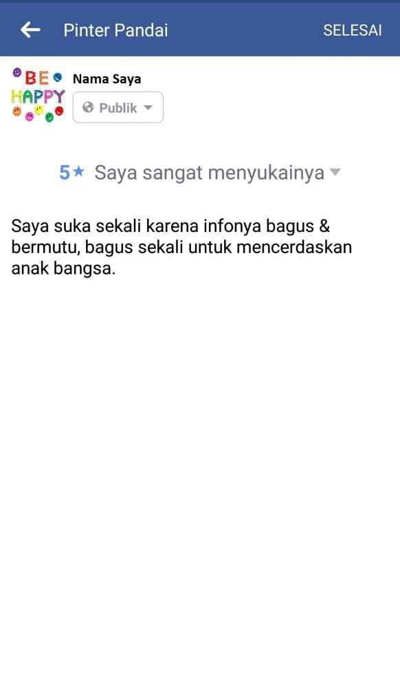 Isi formulir ulasan Berilah ulasan & katakan pada orang-orang apa yang Anda pikirkan tentang halaman ini (opsional). Klik selesai jika Anda telah memastikan bahwa tidak ada salah ejaan, agar terlihat ahwa Anda adalah orang yang serius dan pintar! Selamat mengulas!