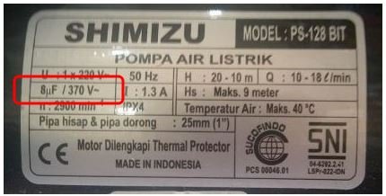 Kapasitor pompa air shimizu ps 128