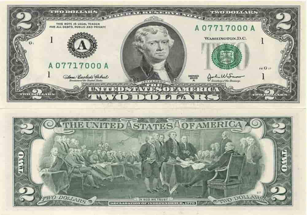 Tampak depan dan belakan uang kertas 2 Dolar Amerika Serikat